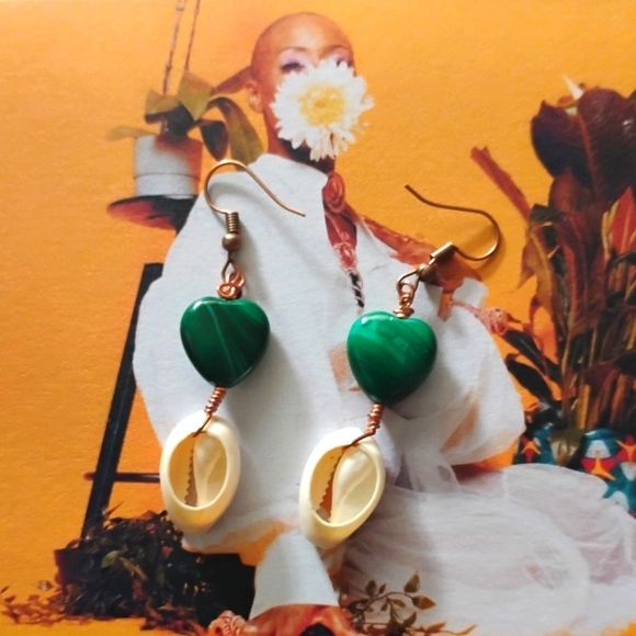 Malachite & Cowrie Shell Earrings by House of Negesti - Picture 2 of 5